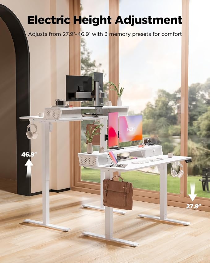 FiCiHi 35x20 Inch Standing Desk with Drawers, C-Clamp Mount Compatible, Electric Adjustable Height Computer Small Stand Up Desks, Home Office Sit Stand Table with 3 Preset Heights, White