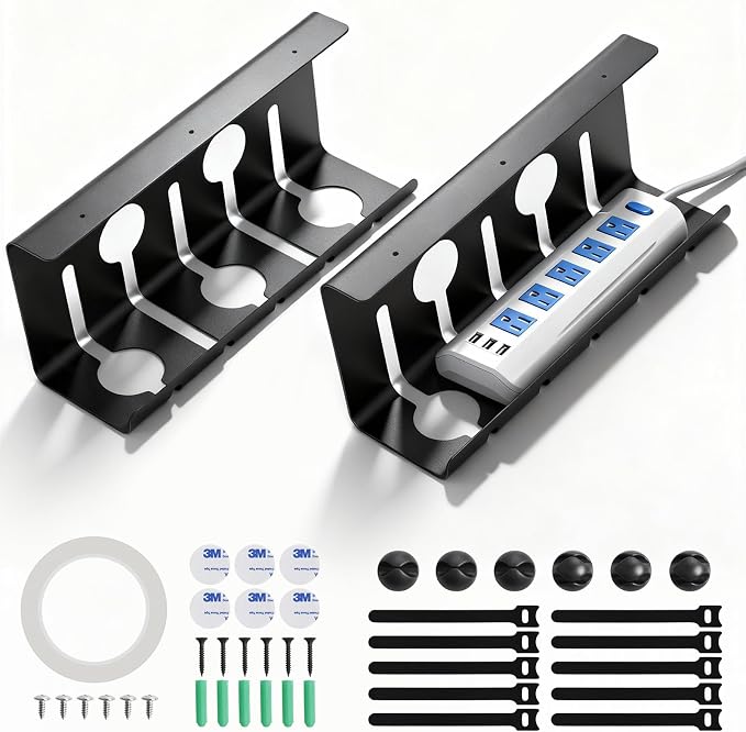 Large Metal Under Desk Cable Management Tray, 16.5"L x 4.7"W x 6.8"H, 2 Pack Under Desk Cable Tray, Wire Organizer for Power Strip, Tape Mount or Screw Mount, Easy Install Cord Raceway for Desk & Home