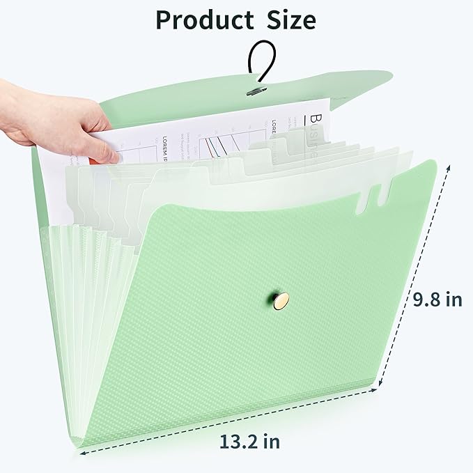 JARLINK 7 Pockets Expanding File Folder, A4 Size Accordion File Folders with 12 Labels, Cute Paper Organizer, Portable Document Organizer for Home College School Office Supplies, Macaron Green