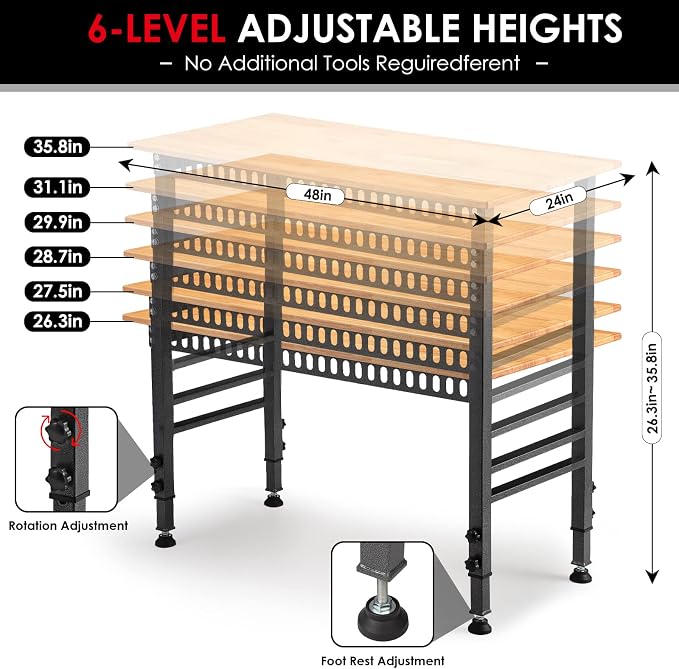 OLBRUS 48 "Adjustable Workbench with Power Outlet, Heavy Duty 2000 LBS Load Capacity Hardwood Workbench Suitable for Workshop, Office, Garage, Home