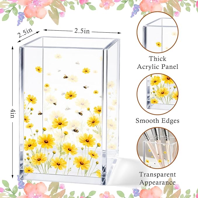 Sunflower Acrylic Pen Holder Cup, Farmhouse Aesthetic Desk Decor, Floral Pattern Pencil Holder Organizer, Office Accessories, Gift for Women
