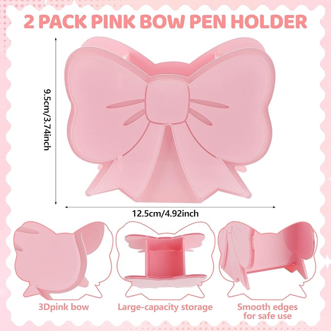2 Pack Pink Pen Holder for Desk Cute Pink Bow Makeup Brush Holder Coquette Pinks Bow Desk Organizer-Assemble Acrylic Pen Holders Pinks Bow Accessories for School Office Home Desk Supplies