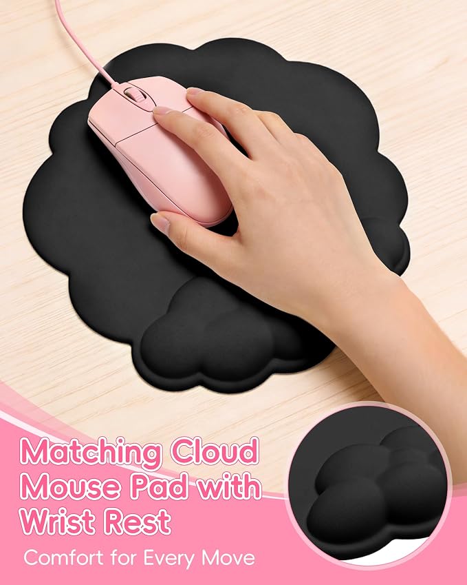 Cloud Wrist Rest Set for Keyboard and Mouse, Cute Memory Foam Wrist Support & 2-in-1 Adjustable Keyboard Stand, Silky Lycra Surface, Two Typing Angles, Non-Slip Base (Black)