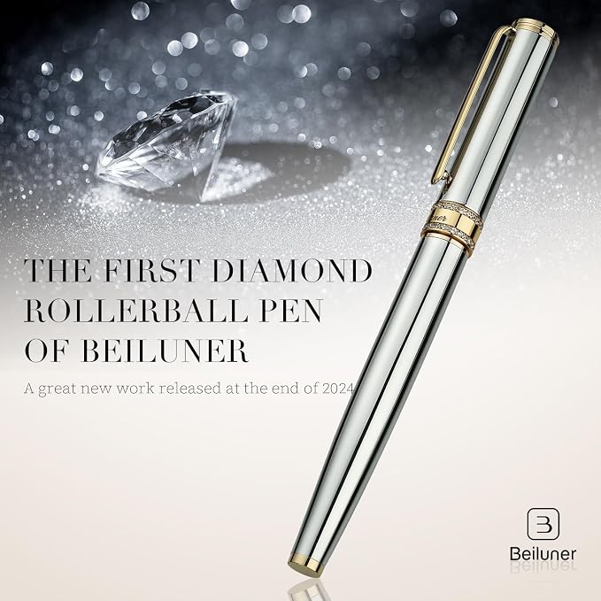 BEILUNER Silver Chrome Rollerball Pen, Diamond-Studded Cap Design, 24K Gold Trim, Noble and Elegant, Schneider Ink Refill, Best Pen Gift Set for Women & Men, Professional, Business Office, Nice Pens