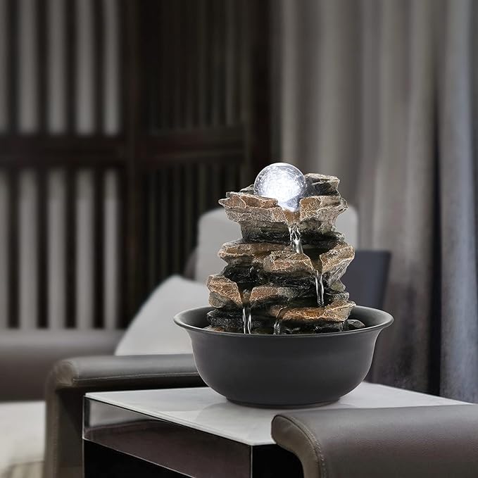 WICHEMI Water Fountains Indoor Waterfall Fountain Tabletop Fountain Water Feature Indoor Stacked Rocks Feng Shui Zen Meditation Relaxation Fountain with LED Light Indoor Spaces Desktop Decor (Style 5)