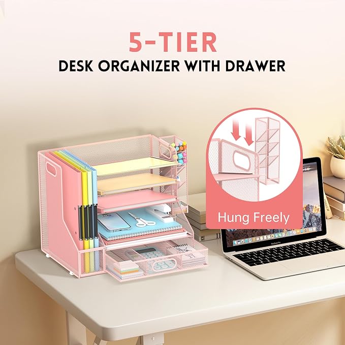 5-Tier Desk Organizer with File Holder & Pen Holder & Sliding Drawer, Pink | Mesh Metal Paper Letter Tray for Papers, Mail, Office Supplies, and Desk Accessories