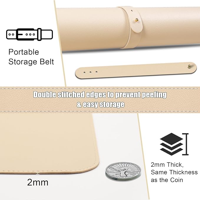 BLESWIN Large Desk Pad 35.4"" x 17"", Non-Slip Desk Mat with PU Leather & Natural Cork, Waterproof Writing Desk Natural Cork, Computer Mat Desk Protector for Office Home, Apricot