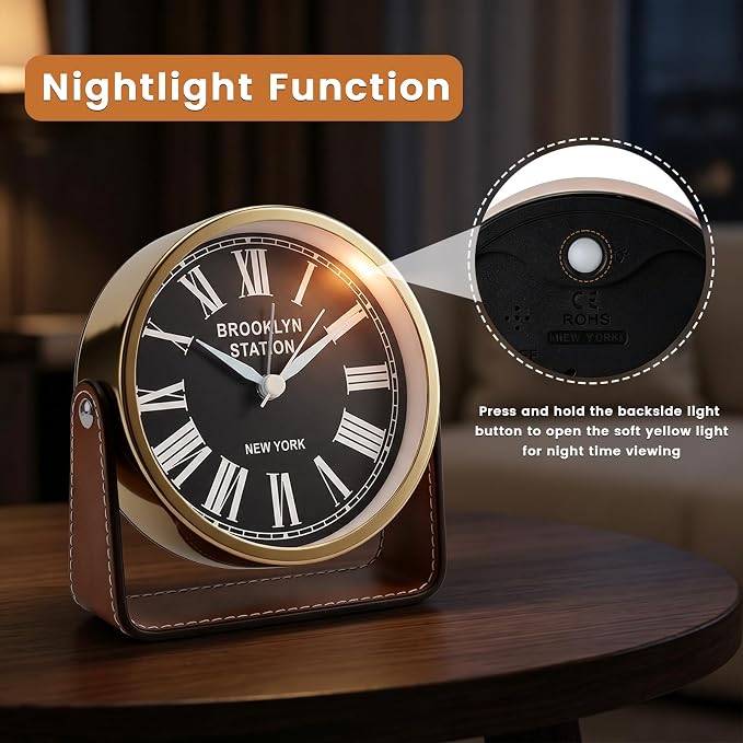 Analog Alarm Clock - 4.5" Silent Non Ticking Small Clock with Light, Rotatable Stand Metal Desk Clock Battery Operated, Simple Design for Living Room Decor/ Bedroom/Bedside/Shelf (Gold & Brown)