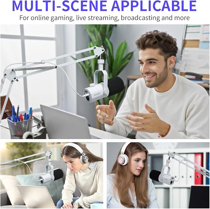 FEELWORLD AMS1 Microphone Boom Arm, Adjustable Mic Arm Stand with 3/8” to 5/8” Screw, Compatible with PM1 and other Mics for Podcast Straming Gaming Studio (White)