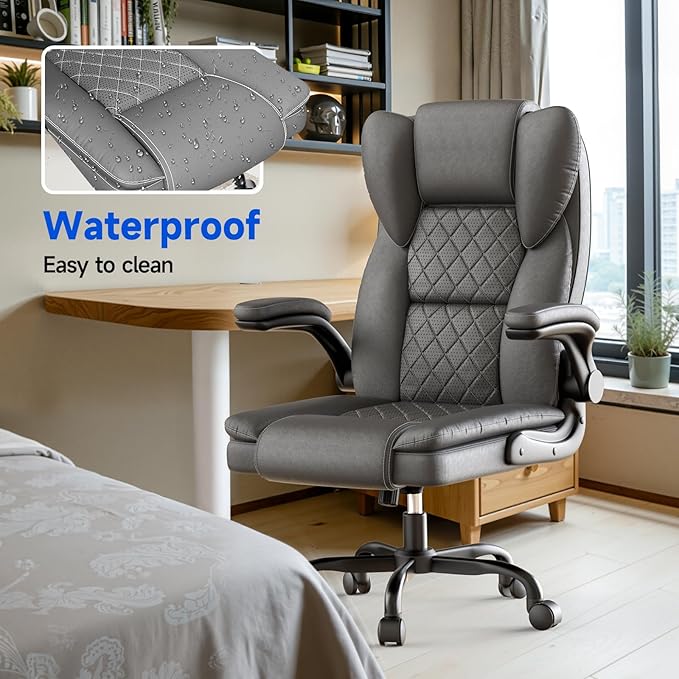 naspaluro Ergonomic Office Chair, Executive PU Leather Chair, Computer Desk Chair with Adjustable Lumbar Support Flip-up Arms, Executive Task Chair, Office Chairs for Home Office, Big and Tall, Gray