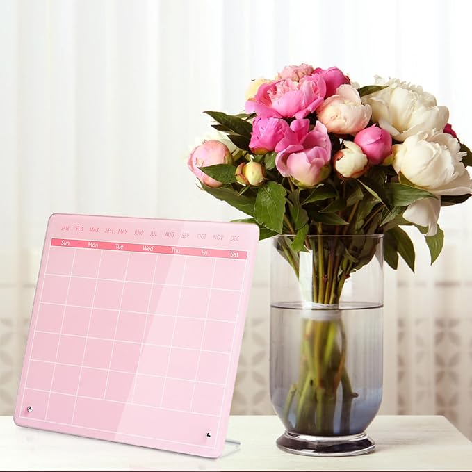 Calendar Dry Erase Board,16"x12",Acrylic Desk Calendar with Stand,Pink Dry Erase Board for Home Office School