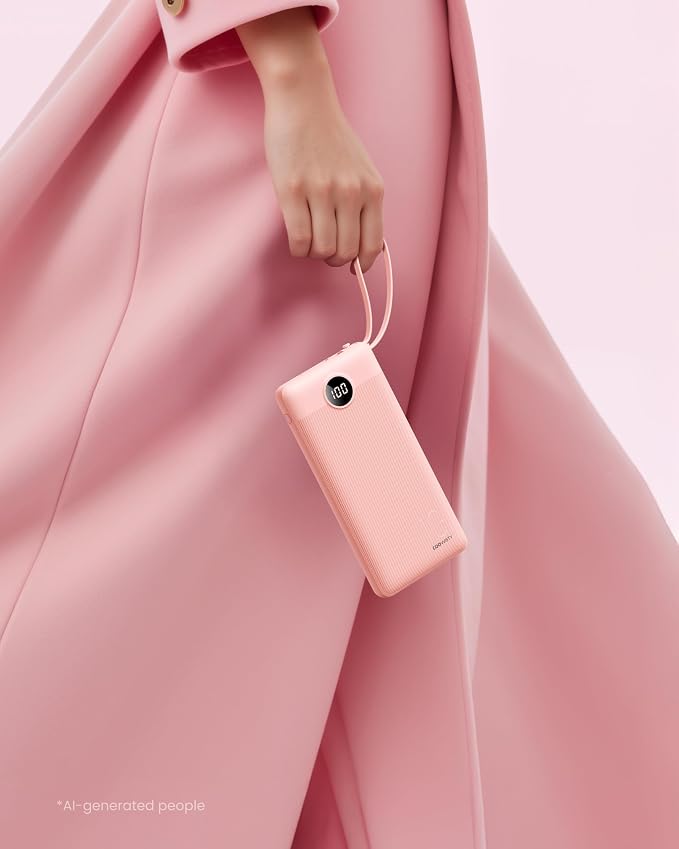 Portable Phone Charger, Slim 10000mAh Travel Essentials Power Bank with Cords Wires, Battery Pack 5 Outputs 2 Inputs LED Display Compatible with iPhone/Android & More (Pink)