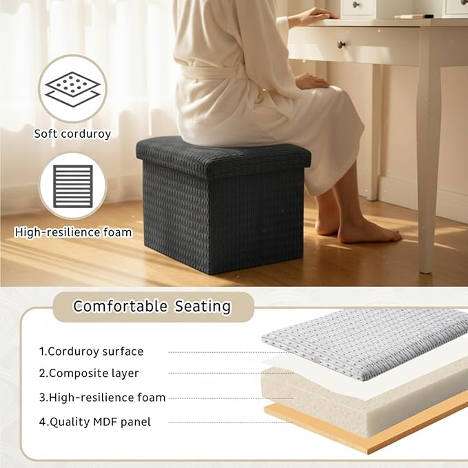 Thyle Storage Ottoman Cube, Small Foldable Footrest Stool for Under Desk Use, Sturdy Corduroy Ottoman with Storage for Snacks, Toys, Living Room, Bedroom, Dorm or Home Office, 16x12x12 Inch(Grey)