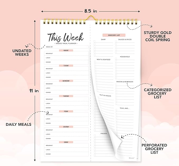 Decorably 52 Sheets Minimal Pink Undated Magnetic Weekly Meal Plan Grocery List Notepad with 4 Strong Magnets - 8.5x11in Spring-Bound, Refrigerator Mountable, Easy Tear-Off Design