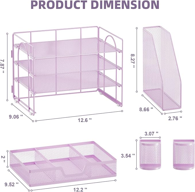 Marbrasse 4-Tier Paper Tray Organizer with Drawer and Pen Holder, Purple | Metal Mesh Desk Organizer, Built-in Drawer & 2 Pen Slots, fits letters/Files, for School Home Office Supplies