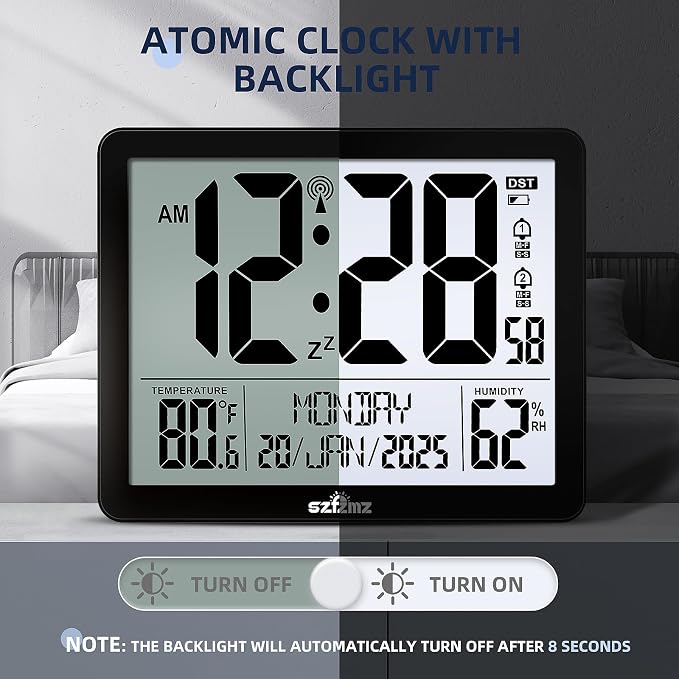 Atomic Digital Wall Clock Battery Operated with Backlight, Desk Clocks with Indoor Temperature & Humidity, 8.5" Small Alarm Clock with Date and Day of Week for Bedrooms, Living Room, Auto DST, Black