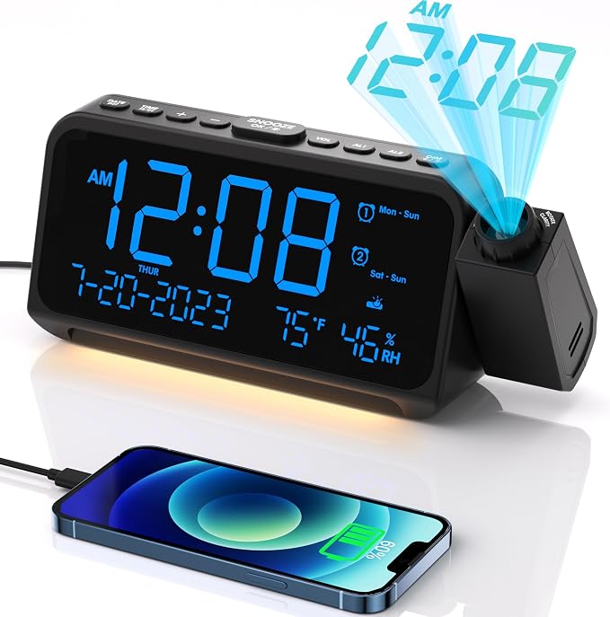 OnLyee Projection Clock for Bedroom Ceiling, Alarm Clock for Heavy Sleepers | 350° Rotatable Projector, Dual Alarms, 5 Brightness, Weekday/Weekend Mode, Temp & Humidity, Snooze, USB Charger