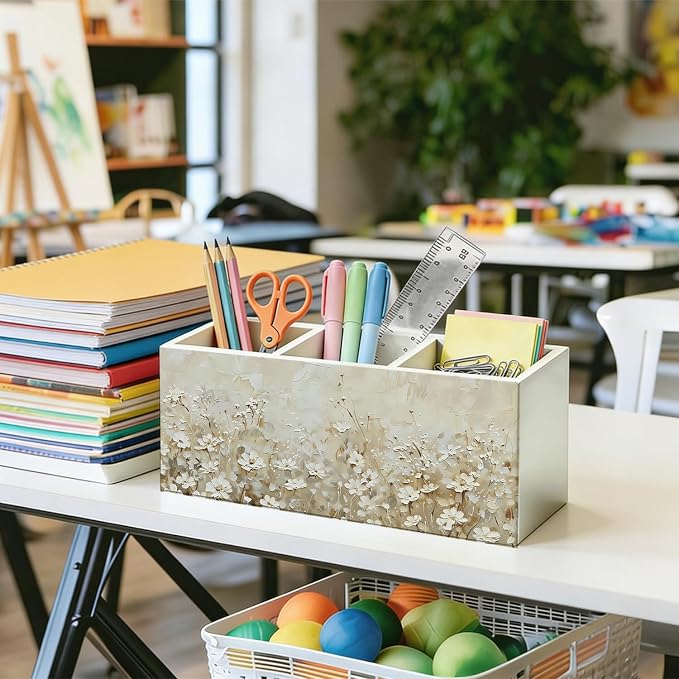 Dark white Floral Pen Pencil Holder for Desk, Academia Cottagecore Botanical Flower Wooden Box Sign Organizer for Home Room Office Bedroom Desk Accessories Tabletop Decorations