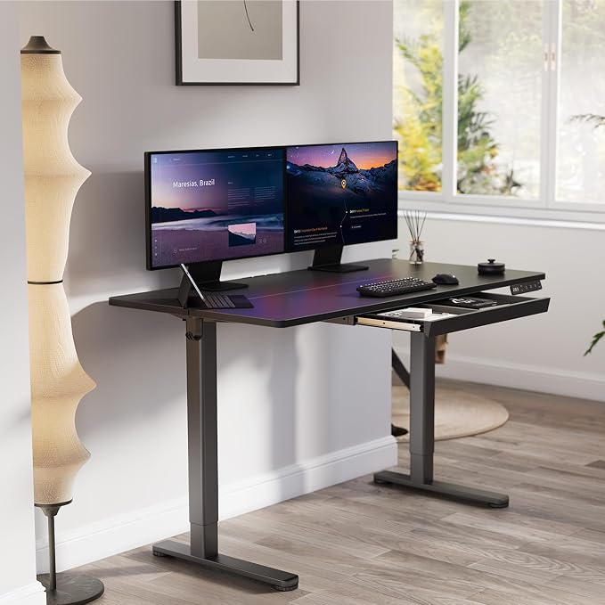 YDN Standing Desk 55 x 24 Inch Electric Height Adjustable with Drawer Black | Industrial steel frame supports 176Lbs, 28.3-46.5 inch height range, 3 memory presets, quiet 45dB motor, wire management