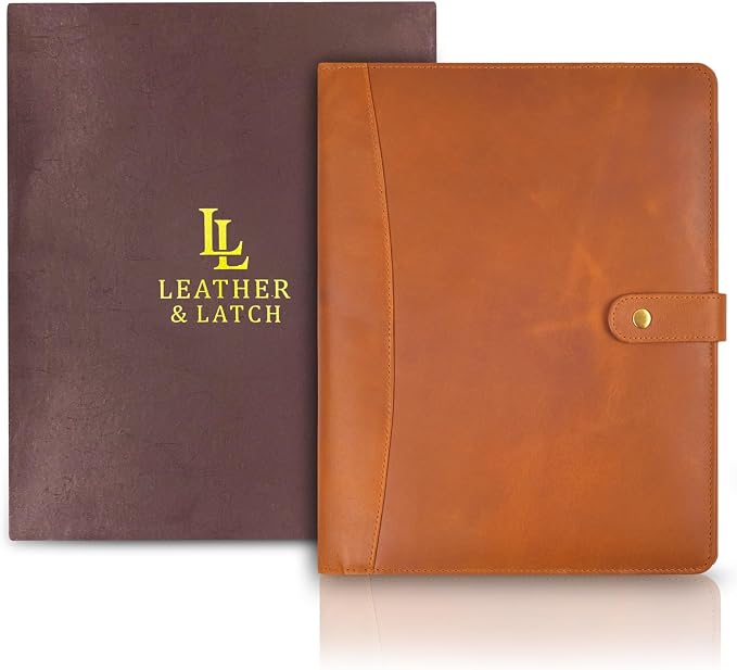 Leather Resume Portfolio Folder for Interview, Professional Padfolio Organizer Binder A4, Graduation & New Job Gift for Men Women – Tan