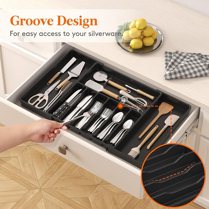 Lifewit Silverware Drawer Organizer, Expandable Utensil Tray for Kitchen, BPA Free Flatware and Cutlery Holder, Adjustable Plastic Storage for Spoons Forks Knives, 17- 30 x 18.5", Black
