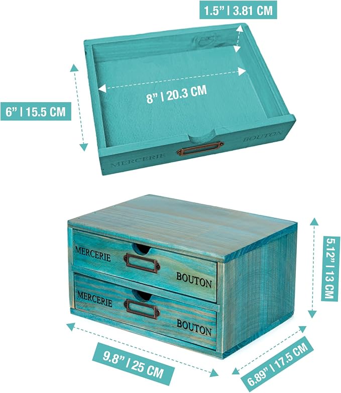 Turquoise 2-Tier Drawer Unit - European Country Style Desk Organizer Box - 9.7x7x5.1" Teal Wooden Stackable Drawers - Countertop Organizer Drawers w/Label Holder - Double File Drawer Unit