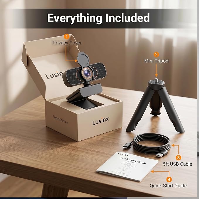 1080P USB Webcam for PC with Microphone Privacy Cover & Tripod | Plug and Play, No drivers; Clear Video Auto Lighting; Noise Canceling Audio; Universal Clamp Mount; Works with Zoom and Teams