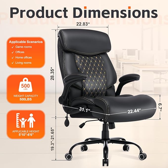 Big and Tall Office Chair 600lbs, Heavy Duty Ergonomic Executive Desk with Adjustable Armrests, Wide Seat, PU Leather Fabric, Air-Adjust Lumbar, Comfortable Office Chair for Heavy People