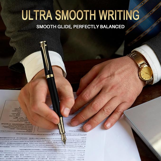 Fountain Pen with Fine Nib | Luxury Black Finish, Smooth Ink Flow, Complete Set with Ink Cartridges, Converter & Sleeve | Ideal for Professionals, Office, Journaling, and Gifts