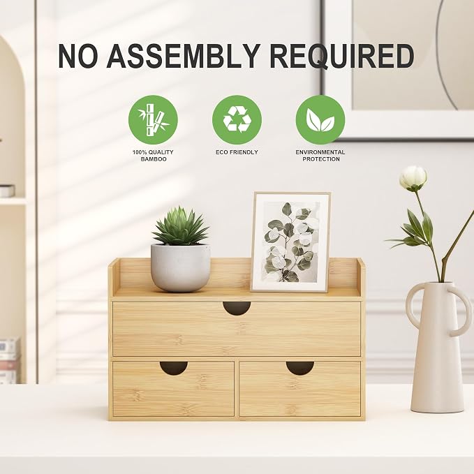 Desk Organizer with Drawers - Bamboo Desktop Organizer Storage | White-Natural Wood Desk Drawers Organizer for Bills, Office Supplies, Cosmetics, Seals No Assembly Required(3 Drawers With Shelf)
