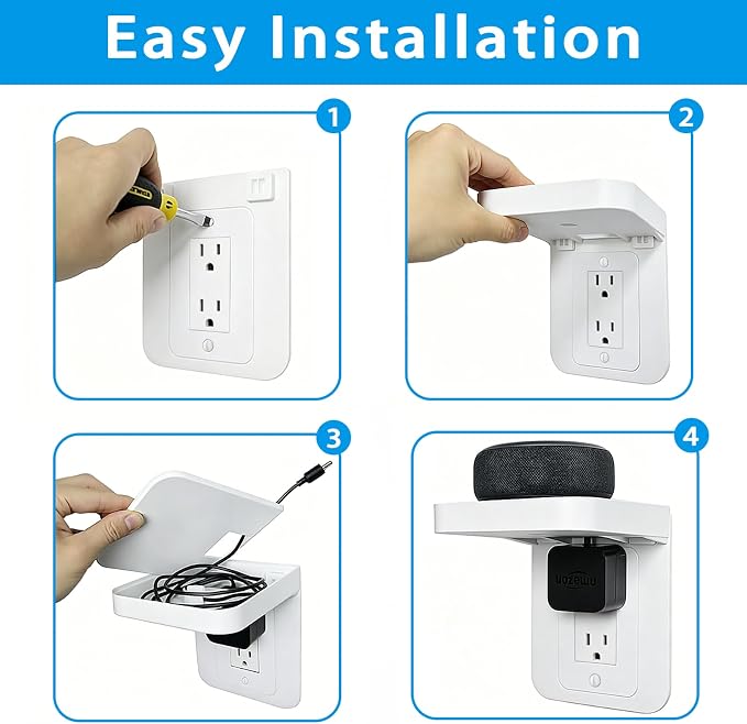 Outlet Shelf Wall Holder with Cord Storage, Decorator Receptacle Plug Shelf for Wall Outlet, Cable Organizer for Bathroom, Kitchen,Bedroom, HomePod Mini/Toothbrush/Google Home/Phone(Decora)