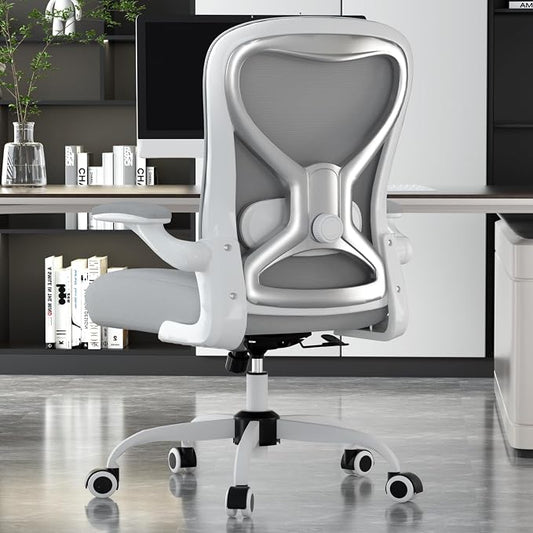 Ergonomic Home Office Chair – 4-Way Lumbar Support, 3.54" Extra-Thick Seat Cushion, Breathable Mesh Back, Flip-Up Arms, Swivel Computer Desk Chair for All-Day Sitting, 330LBS (White-Grey and Silver)