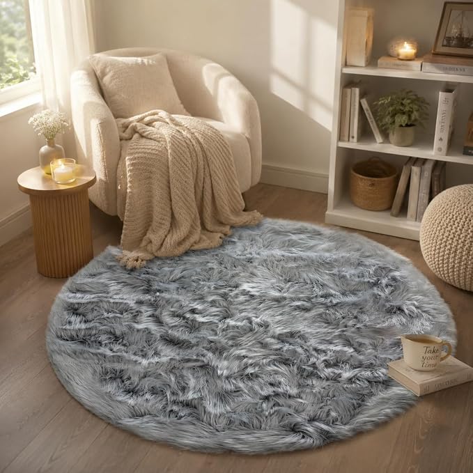 EasyJoy Faux Sheepskin Rug, Fluffy Faux Fur Rug, Ultra Soft Shag Area Rug with Non-Slip Backing for Bedroom, Living Room, Nursery, Kids Room(4 x 4 ft Round, Frosted Bottom Gray)