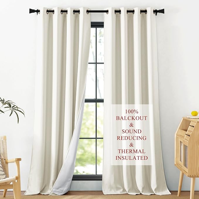NICETOWN Sound Barrier 100% Blackout Greyish White Faux Linen Curtains 84", Noise, Cold and Heat Blocking Drapes with Felt Fabric Lining for Nursery/Daytime Sleep/Bedroom (2 PCs, 52" Wide)