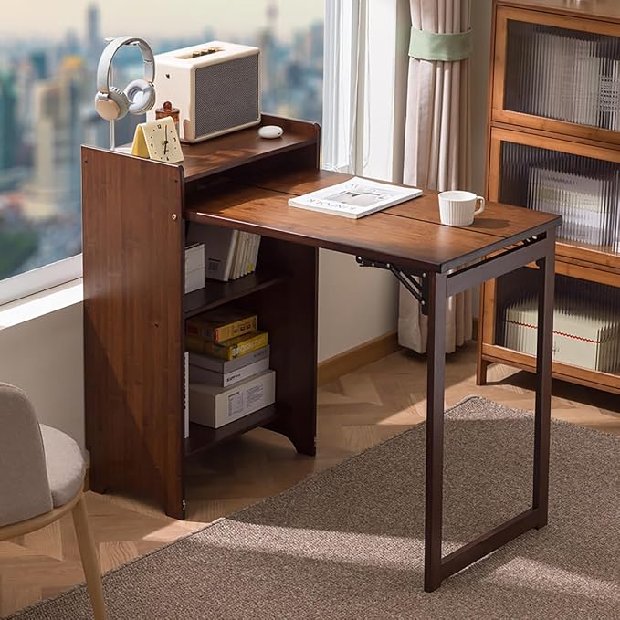 Bamboo Folding Desk with Storage, Space-Saving Foldable Computer Desk for Small Spaces, Vintage Fold Out Hideaway Small Desks Writing Study Table for Bedroom Home Office