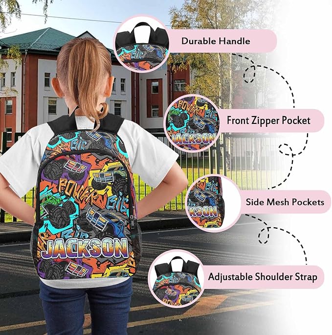 Personalized Cars Toddler Backpack with Name Custom Kids School Backpack for Boys Back to School Supplies Customized Name Schoolbag Bookbag and Water Bottle Cup&Pencil Pouch for Preschool Elementary