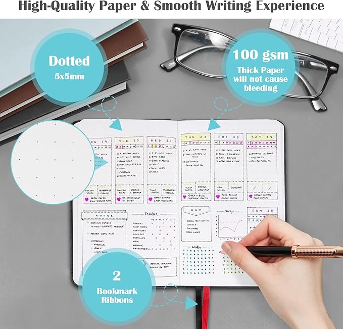 Pocket Dotted Notebook, 2-Pack Dot Grid Notebook, Dotted Journal with Stickers, 3.5" x 5.5" Hardcover, Small Mini A6 size, 160 Pages, 100 gsm Thick Paper, Blush Pink