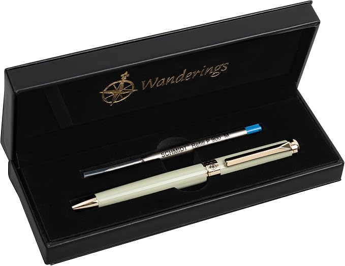 WANDERINGS Premium Ballpoint Pen with German Ink – Perfectly Balanced for a Superb Writing Experience, 24K Gold Plated Green Soft Sage Green- Includes a Schmidt Refill in a Giftable Presentation Case