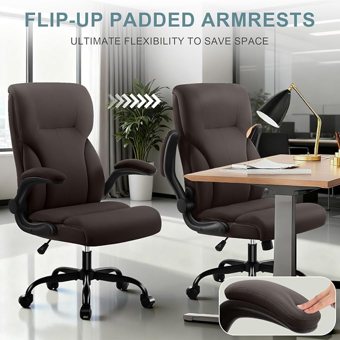 Executive Office Chair,High Back Ergonomic Comfy Desk Chair with Padded Flip-up Armrests,PU Leather Heavy Duty Computer Swivel Rolling Task Chair for Home Office,Adults,Dark Brown