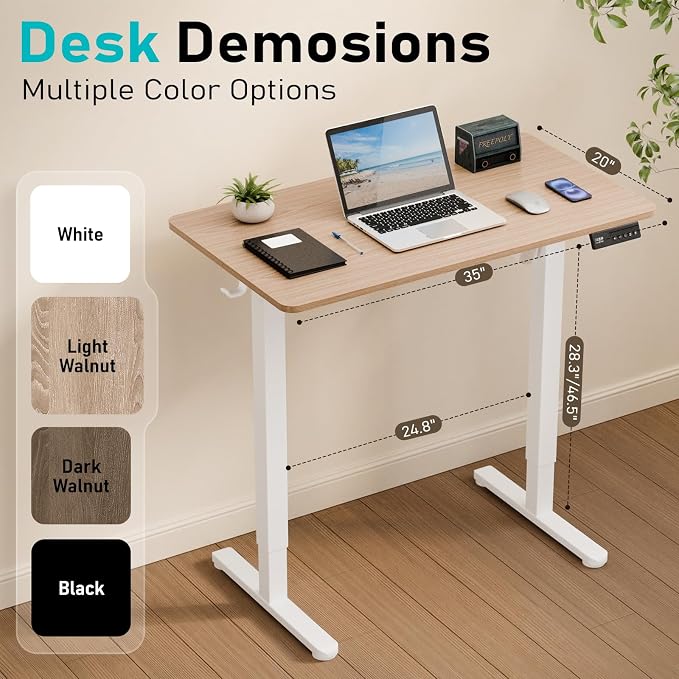 35" Electric Standing Desk, Small Sit Stand up Desk, Light Walnut | Height Adjustable Computer Desk for Home Office, Compact Work & Gaming Desk with Cable Management and Stable Steel Frame