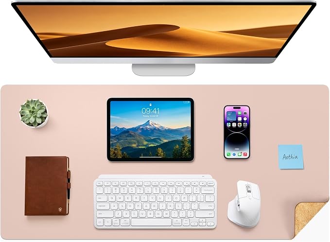 Aothia Double-Sided Desk Pad – 37.8"x17" Leather Desk Mat with Eco Cork Protector, Large Mouse Pad, Waterproof Desk Blotter for Office/Home (Pink)