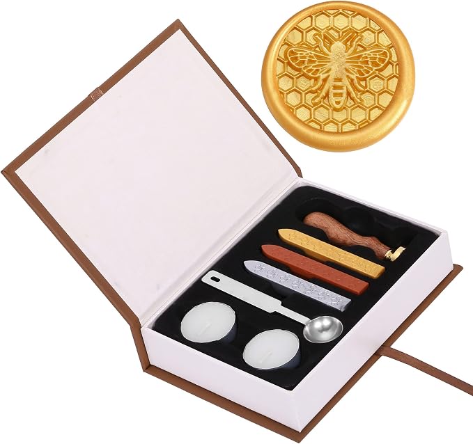 Yoption Wax Seal Stamp Kit, Bee & Honeycomb Sealing Stamp with Gold Red Silver Sealing Wax Sticks Gift Box Set for Invitations, Cards, Letters, Gift Idea