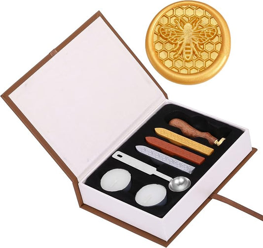 Yoption Wax Seal Stamp Kit, Bee & Honeycomb Sealing Stamp with Gold Red Silver Sealing Wax Sticks Gift Box Set for Invitations, Cards, Letters, Gift Idea