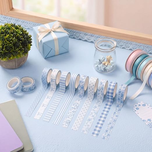 12 Rolls Watercolor Floral Washi Tape Set 15 mm Vintage Flower Decorative Masking Tape for Summer School Arts DIY Craft Scrapbook Journal Supplies Gifts(Blue and White,Floral)