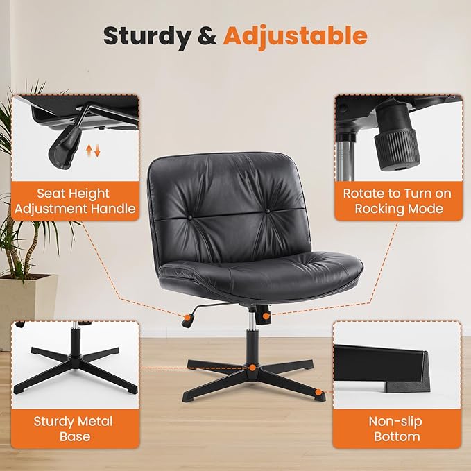 Sweetcrispy Armless-Office Desk Chair Without Wheels, Cross Legged Wide Chair, PU Leather Comfortable Adjustable Swivel Computer Task Chairs for Home,Office,Make Up,Small Space,Bed Room Black
