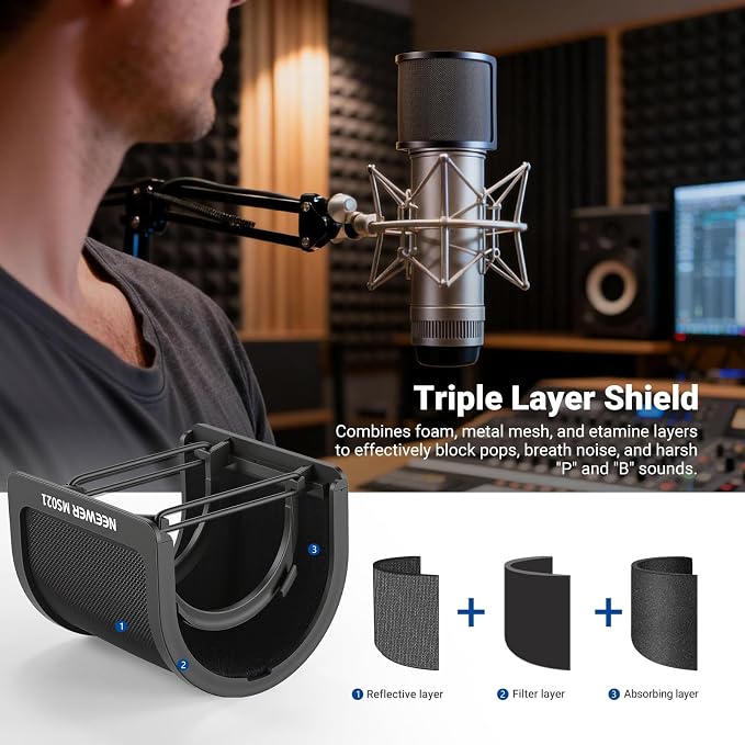 NEEWER Pop Filter for Microphones, Triple Layer Isolation Shield for 35-55 mm Diameter Mics, Windscreen Cover for Podcast Streaming Voice Over Singing Studio Recording, MS021