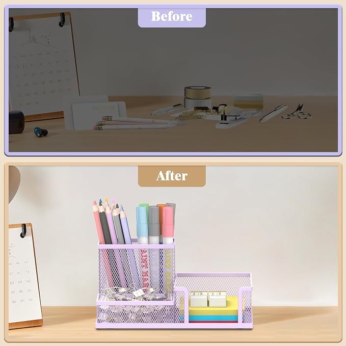 SUPEASY Mesh Pen Holder Desk Organizer, Office Supplies Pencil Storage with 3 Compartments, Office Desk Accessories and Workspace Organizers for Home School Classroom, Purple