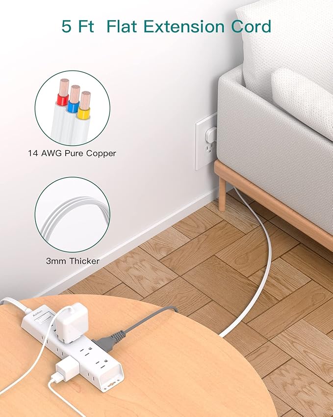 Addtam 2 Pack Power Strip Surge Protector with 12 Outlets, Flat Plug Extension Cord 5FT, Ultra Thin Wall Plug, 3-Side Wide Spaced Outlet Extender, Wall Mount Desk Charging Station for Home Office Dorm