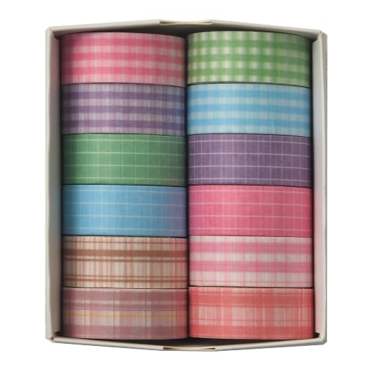 12 Rolls Grid Washi Tape Set Plaid Arts Adhesive Tapes Basic Patterns Decorative Masking Tape Sets for Craft, Kids, Scrapbook, DIY, Gift Wrapping (Style Four)