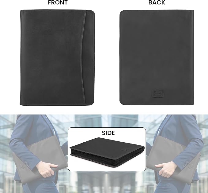 LEATHER VILLAGE Leather Portfolio Organizer - Professional Business Padfolio for Men & Women - Stylish Document Card Holder, Folio for A4/Letter Size Writing Legal Pad, Black